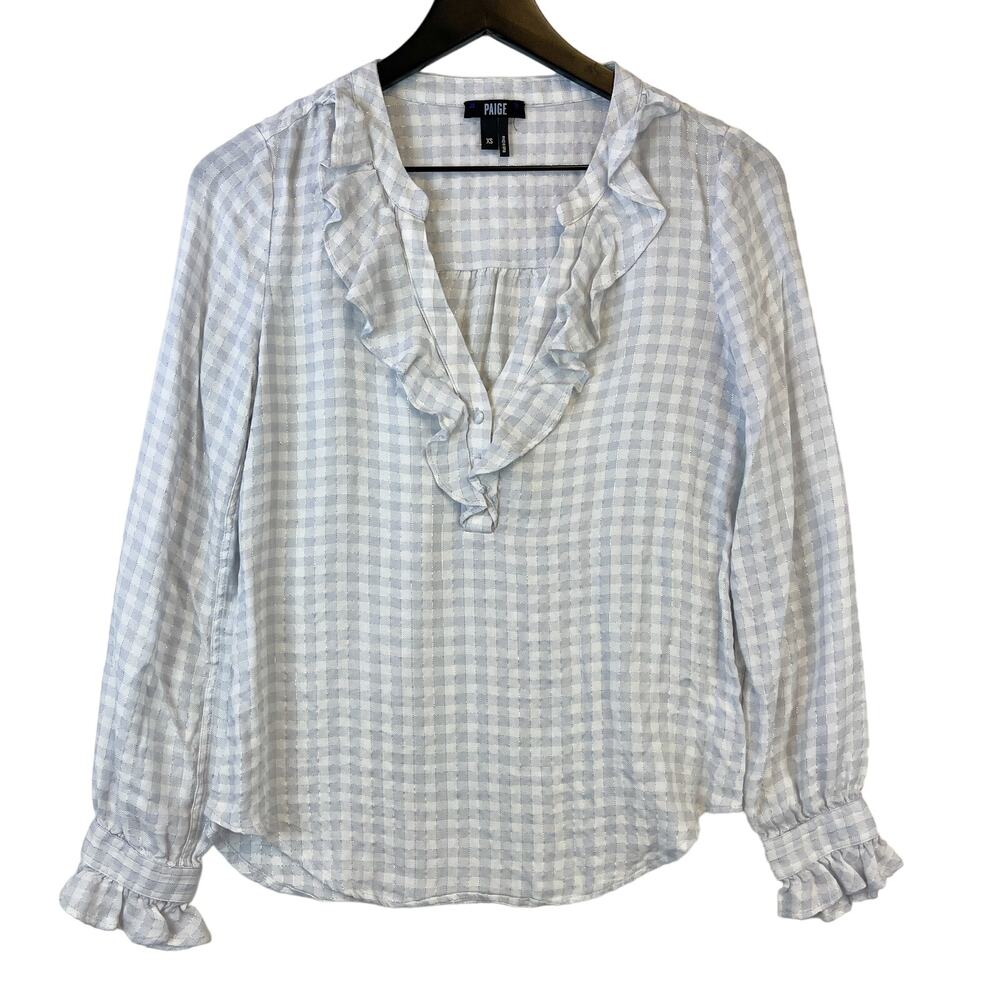 Paige XS Gingham Ruffled VNeck Blouse Gray White Silver Top